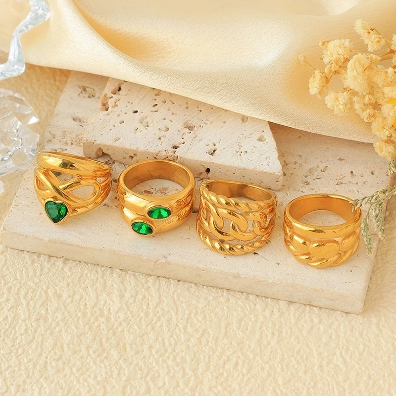 Vintage Style Modern Style Commute Heart Shape Twist 304 Stainless Steel Zircon 14K Gold Plated Plating Hollow Out Inlay Rings