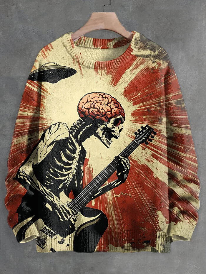 Men's Skeleton Playing Guitar And UFO Art Print Knit Sweatshirt