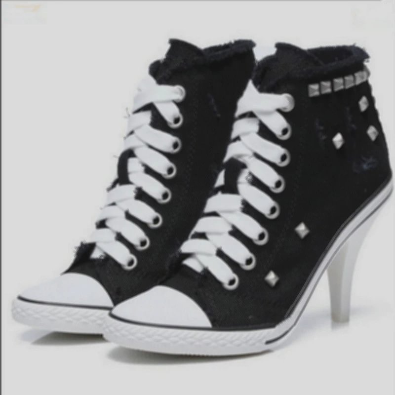 Yyvonne Women Canvas Shoes Denim High Heels Black Rivets Shoes Fashion Shoe Laces Sneakers Women Short Boots