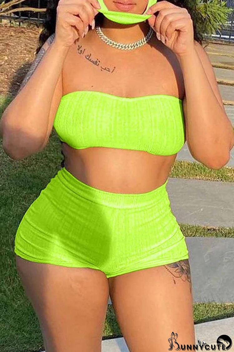 Fluorescent Green Fashion Sexy Solid Backless Strapless Sleeveless Two Pieces