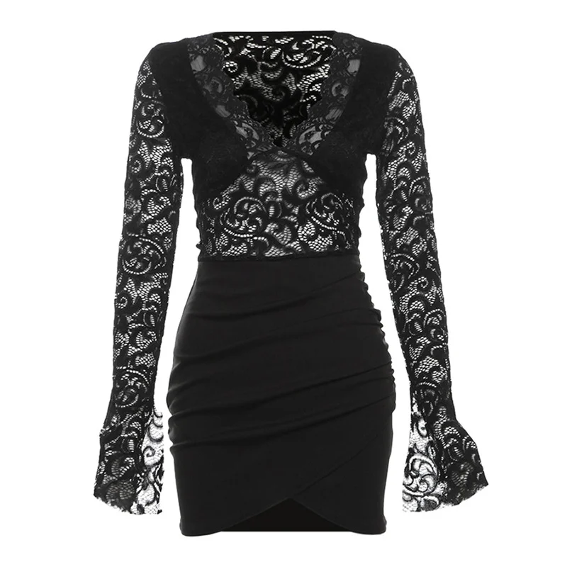 Brownm New Women's Clothing Simple Solid Color Lace Decoration V Collar Long Sleeve High Waist Tight Skirt