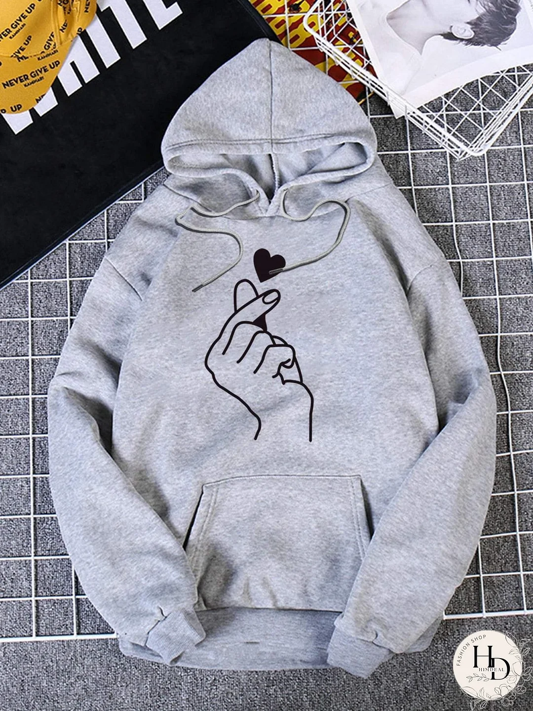 Heart And Gesture Print Thermal Lined Hoodie