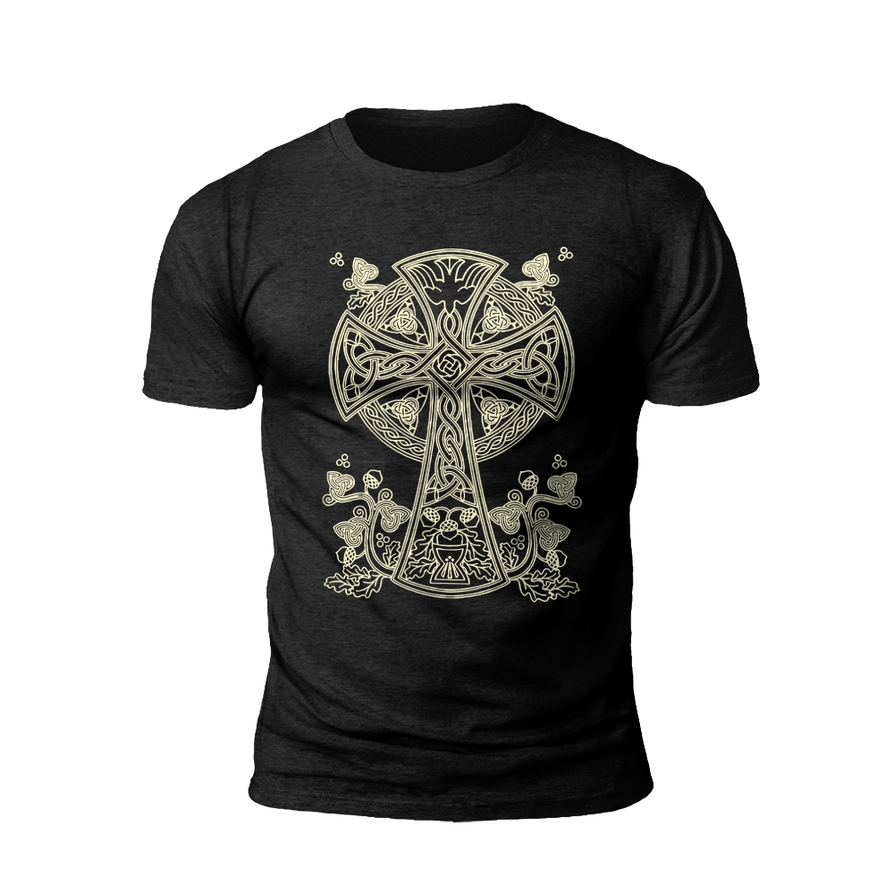 Celtic Cross Elegance: Black and Gold T-Shirt