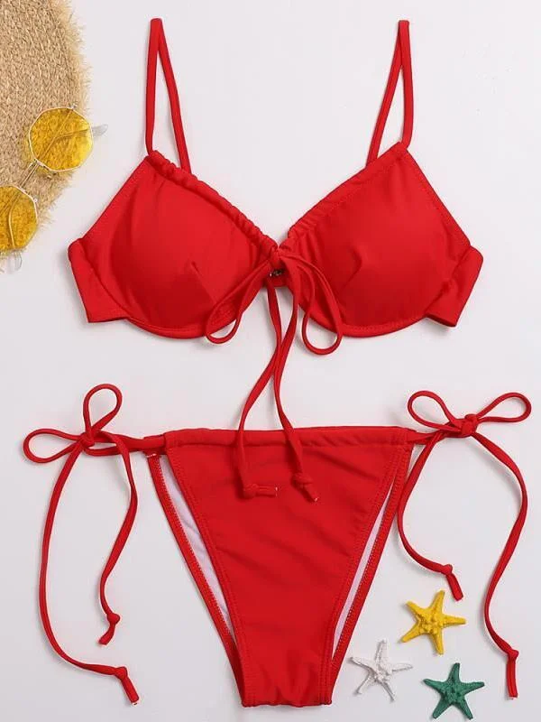 Solid Color Underwired Bandage Triangles Split Bikini Swimsuit