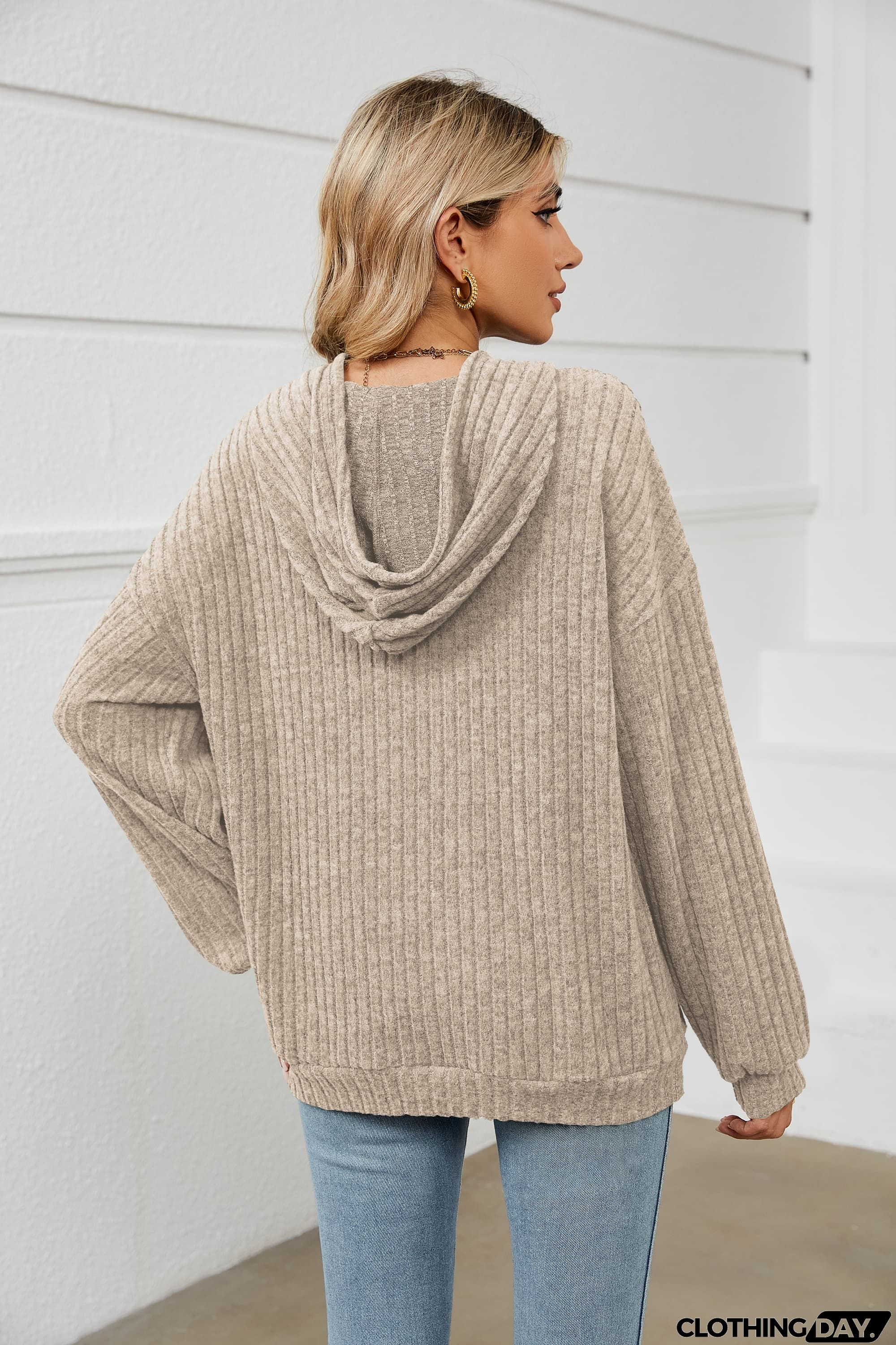 Drawstring Dropped Shoulder Ribbed Hoodie