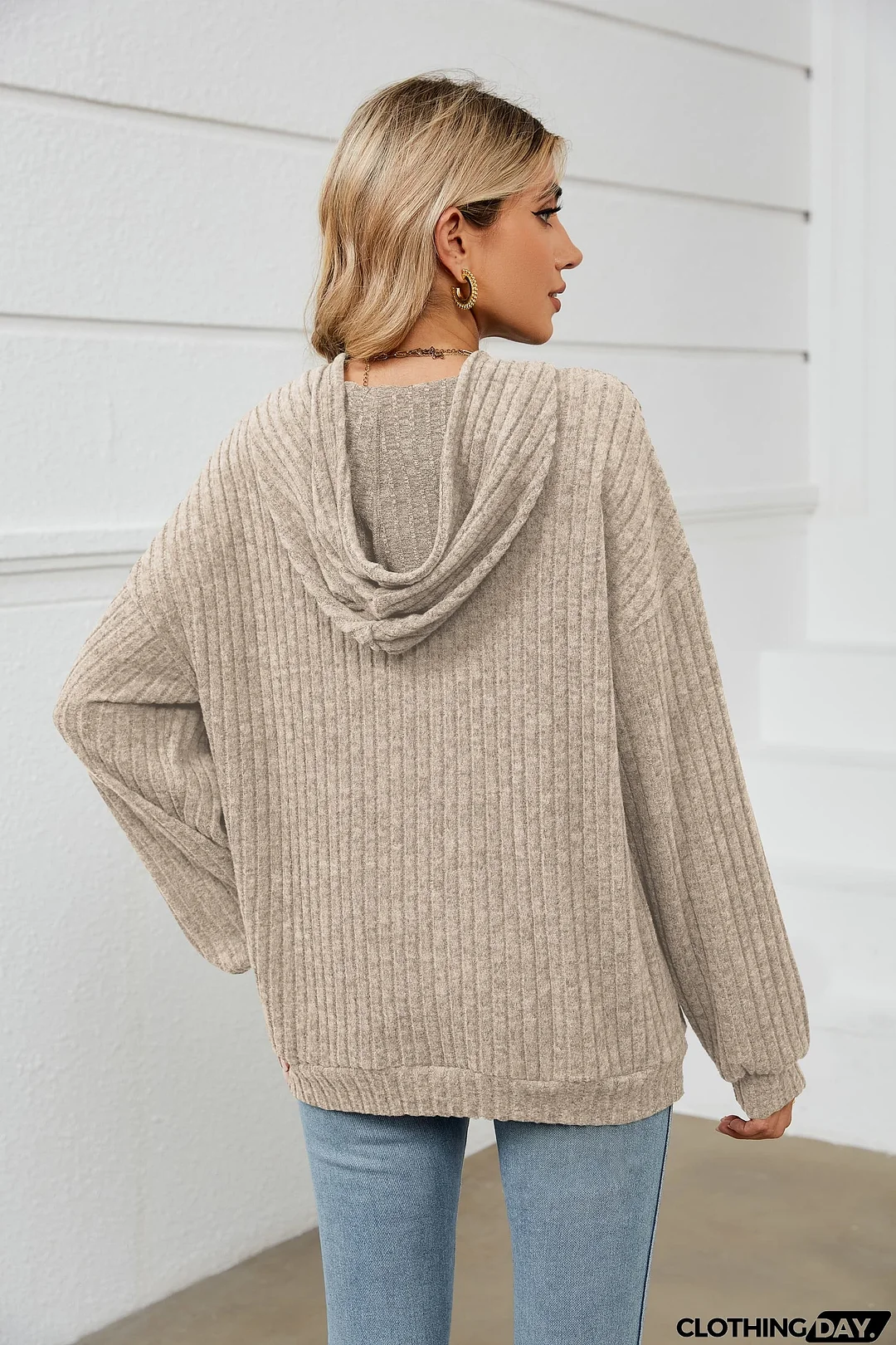 Drawstring Dropped Shoulder Ribbed Hoodie