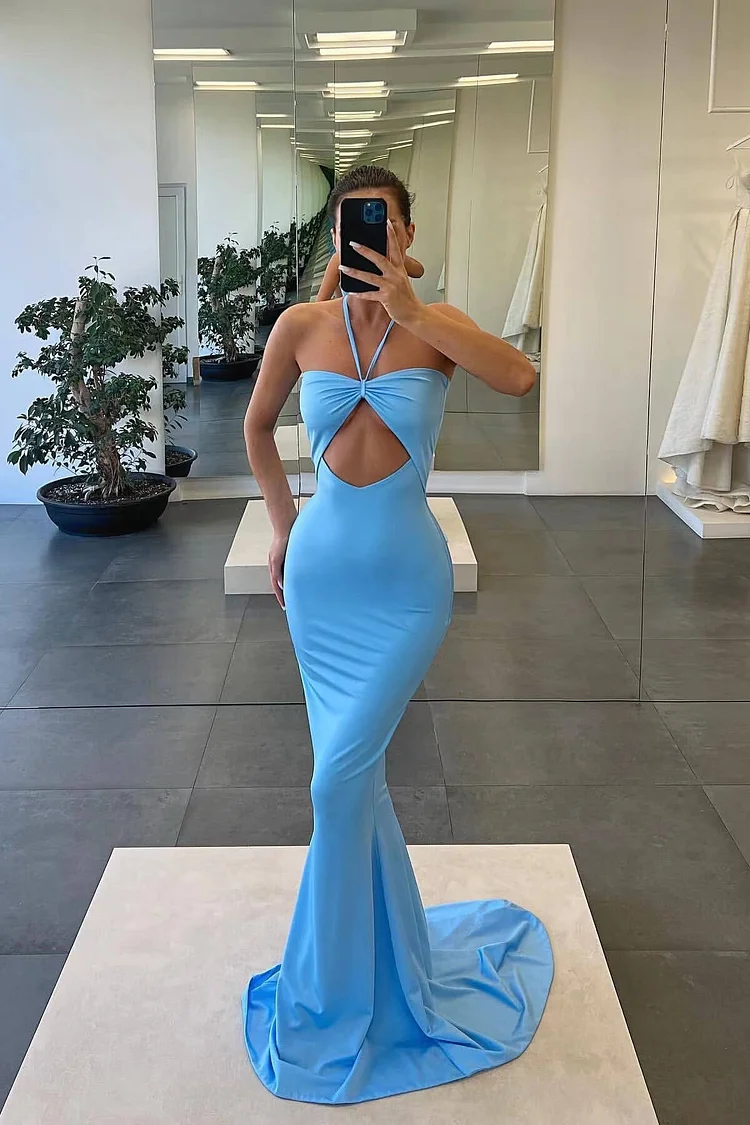 Halter Blue Strapless Mermaid Evening Dress With Sleeveless Online
