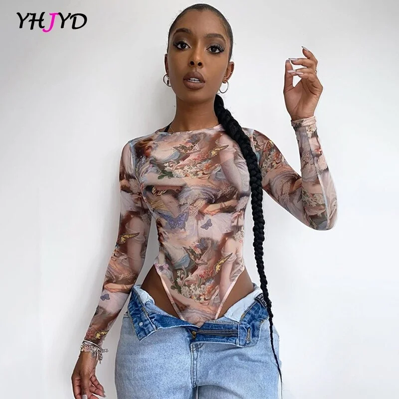 Women Sexy Bodysuit Autumn Winter 2020 Long Sleeve Vintage Print Y2k Clothing Women's Fashion Streetwear Outfits High Leg Body