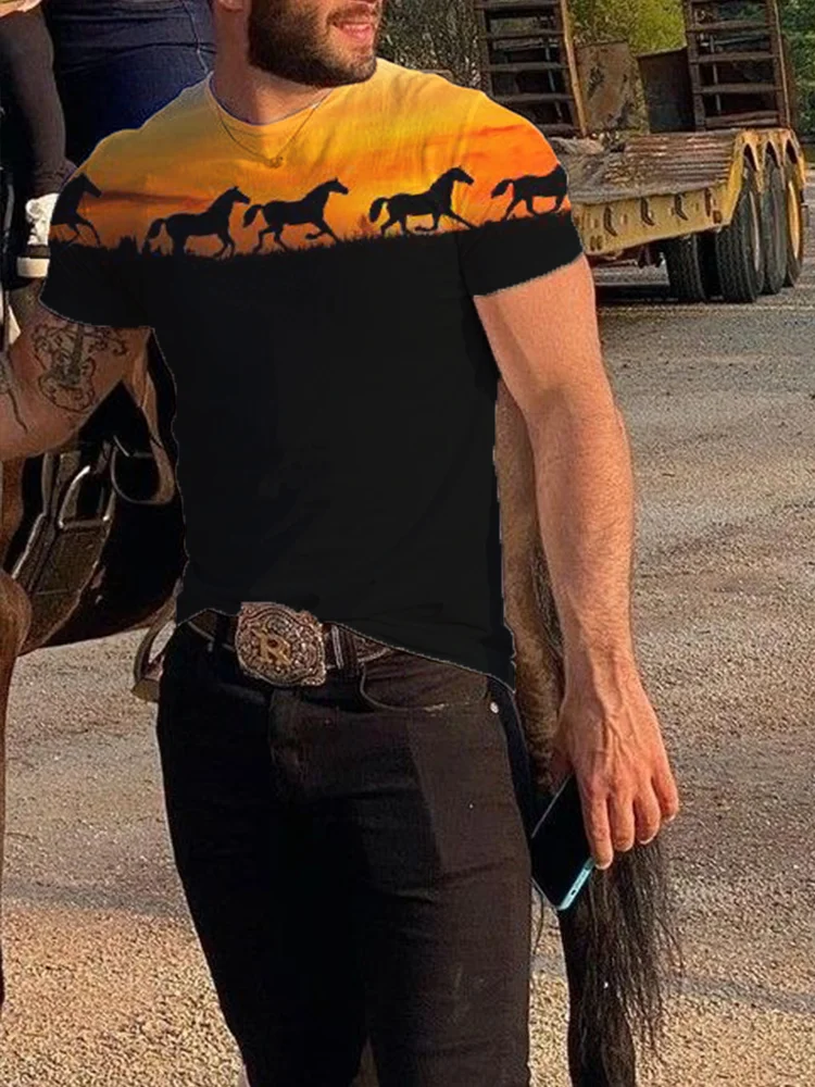 Western Running Horses Print Casual T-Shirt