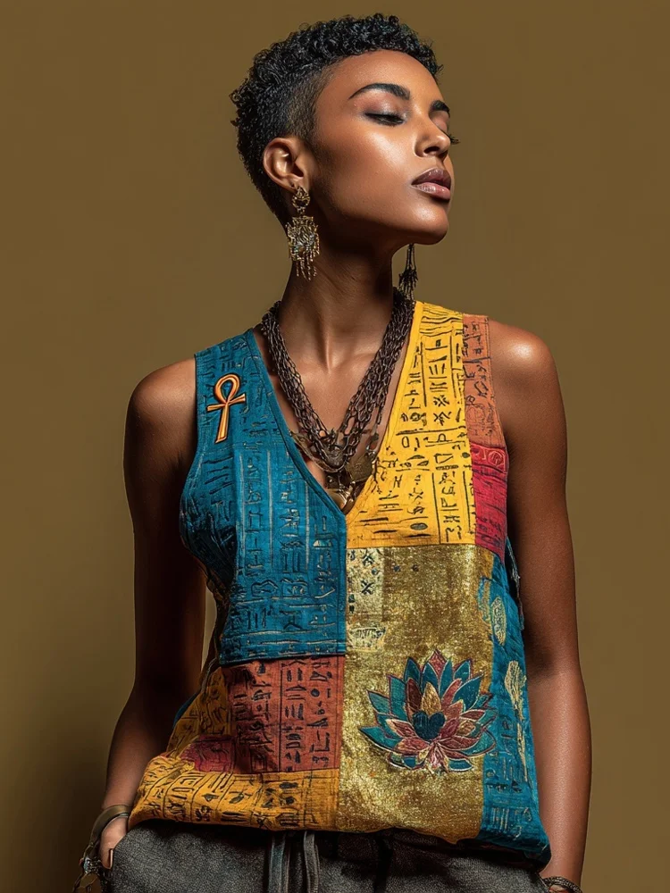 Ancient Egyptian Lotus & Ankh Colorblock Linen Tank Top