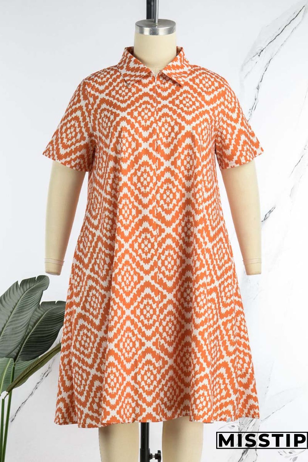 Colour Casual Print Patchwork Turndown Collar Straight Plus Size Dresses