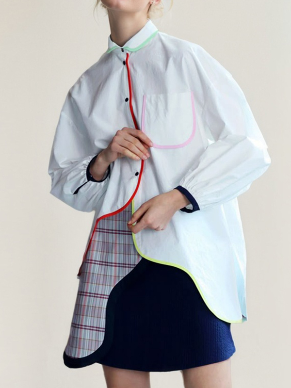 Irregular Hem Colorblock Lantern Sleeve Shirt
