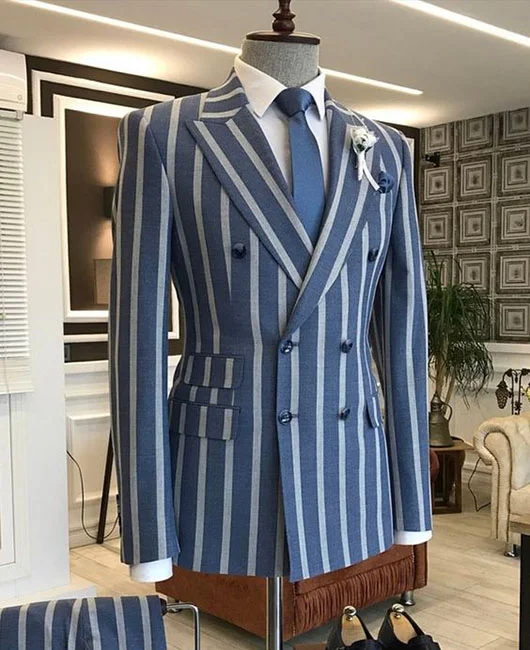 Business Striped Turndown Collar Double Breasted Blazer 