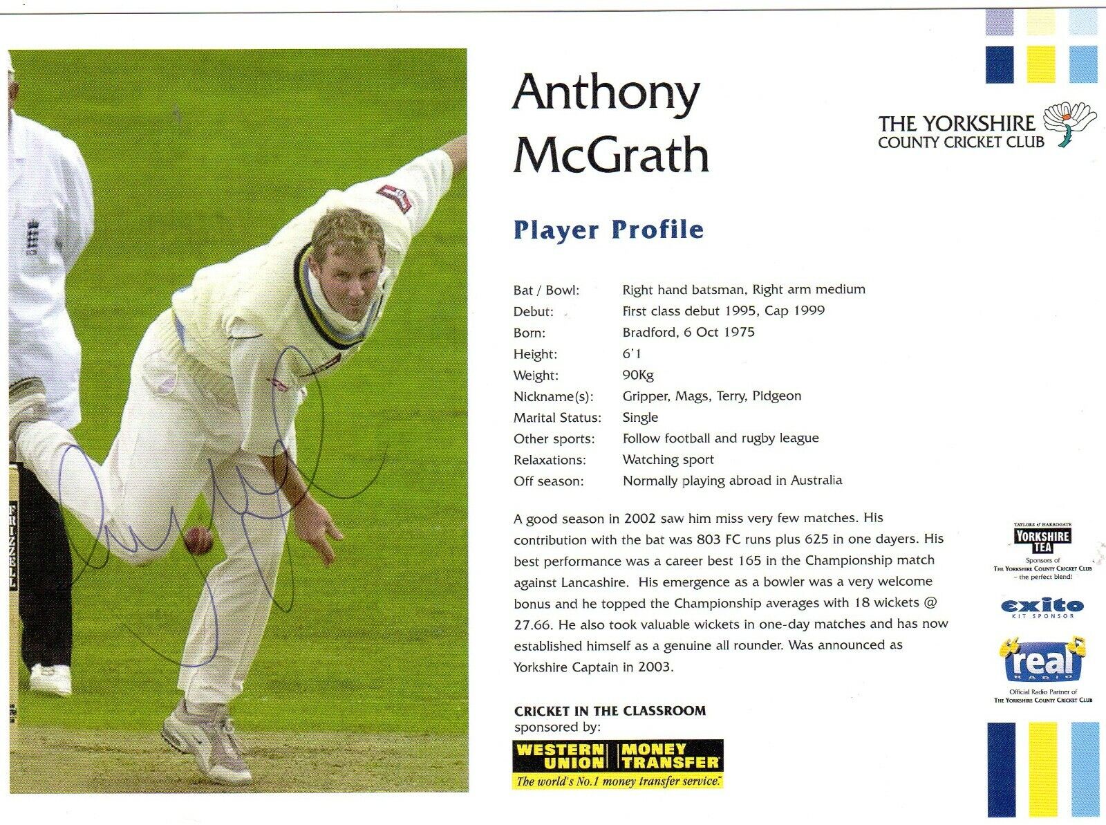 ANTHONY McGRATH AUTOGRAPH, CRICKET, SPORT