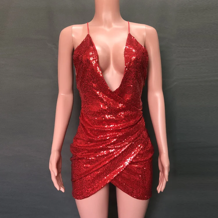 Summer Mini Glitter Sexy Dress Wrap Deep V Neck Backless Sequins Club Dress Bodycon Evening Party Women Spaghetti Strap Dresses