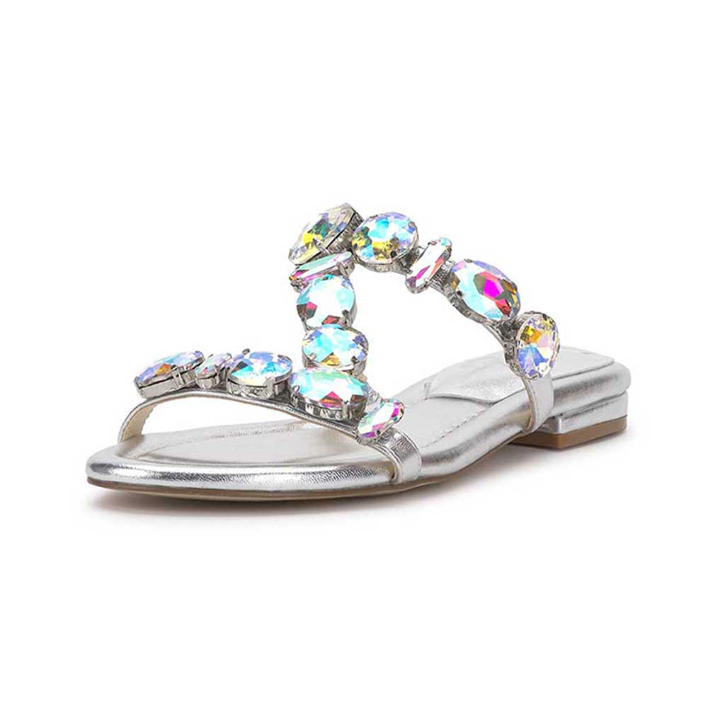 Shiny Silver Vegan Leather Rhinestone Embellished Strappy Slippers