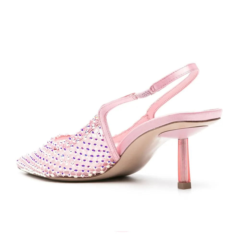 YDN Sparkly Pink Rhinestone Mesh Pointed Toe Slingback Heels