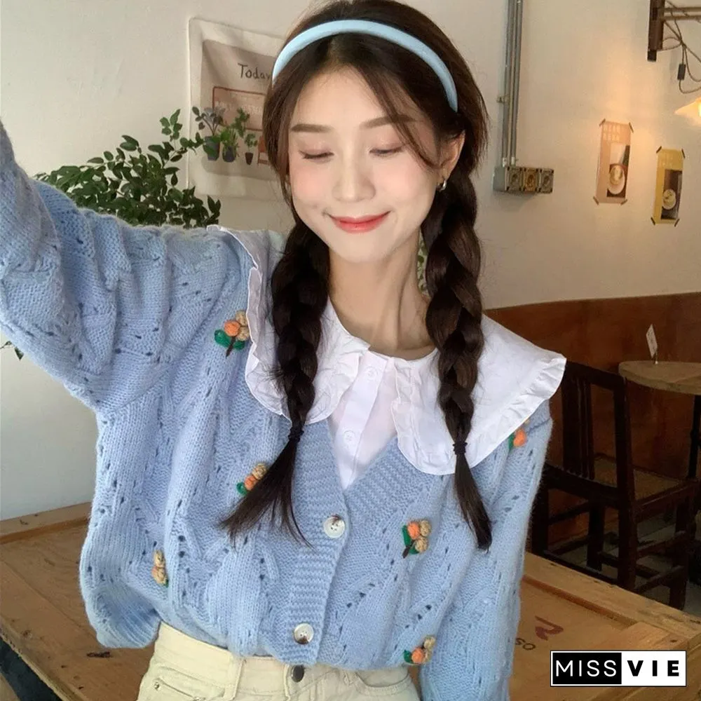 3D Blossom Decor Hollow Out V-neck Cardigan Sweater