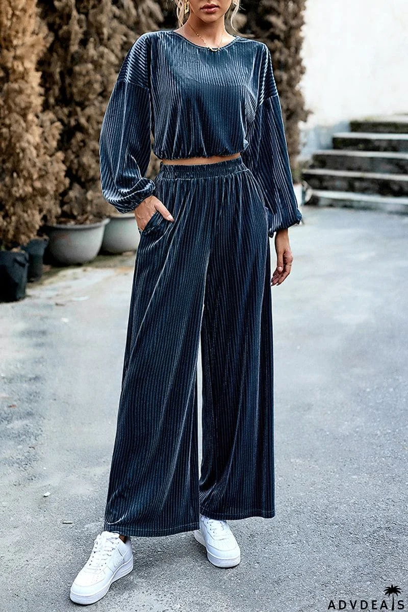 Elegant Solid Pocket O Neck Long Sleeve Two Pieces