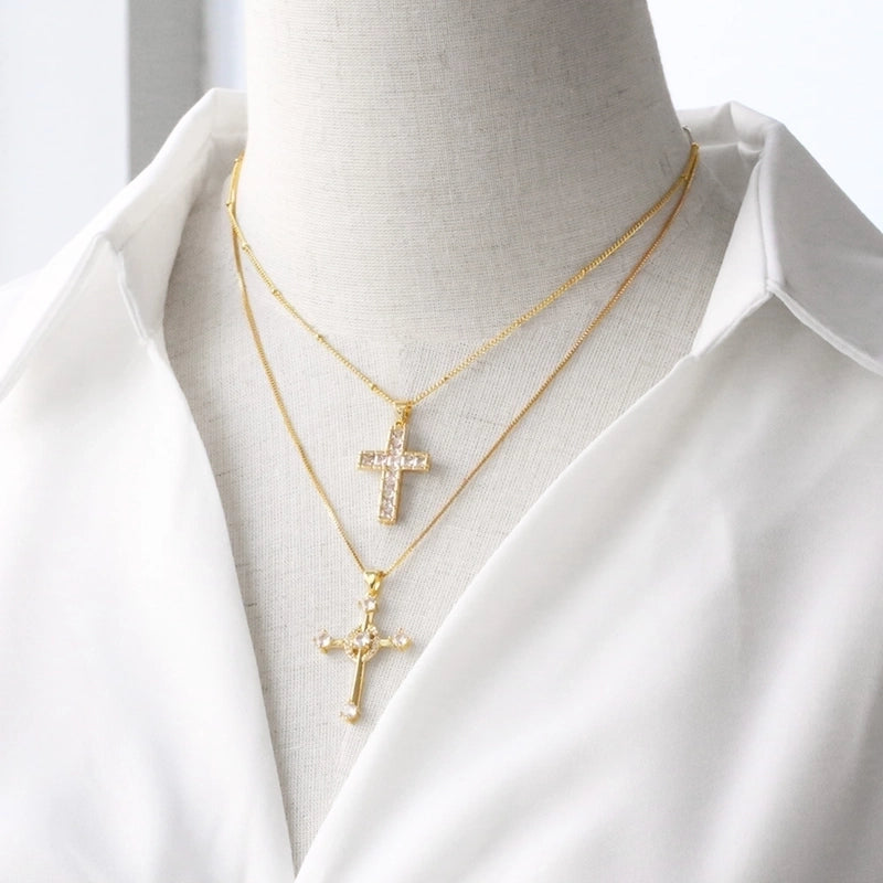 201 Stainless Steel Copper Cable Chain Box Chain 18K Gold Plated Inlay Cross Zircon Pendant Necklace