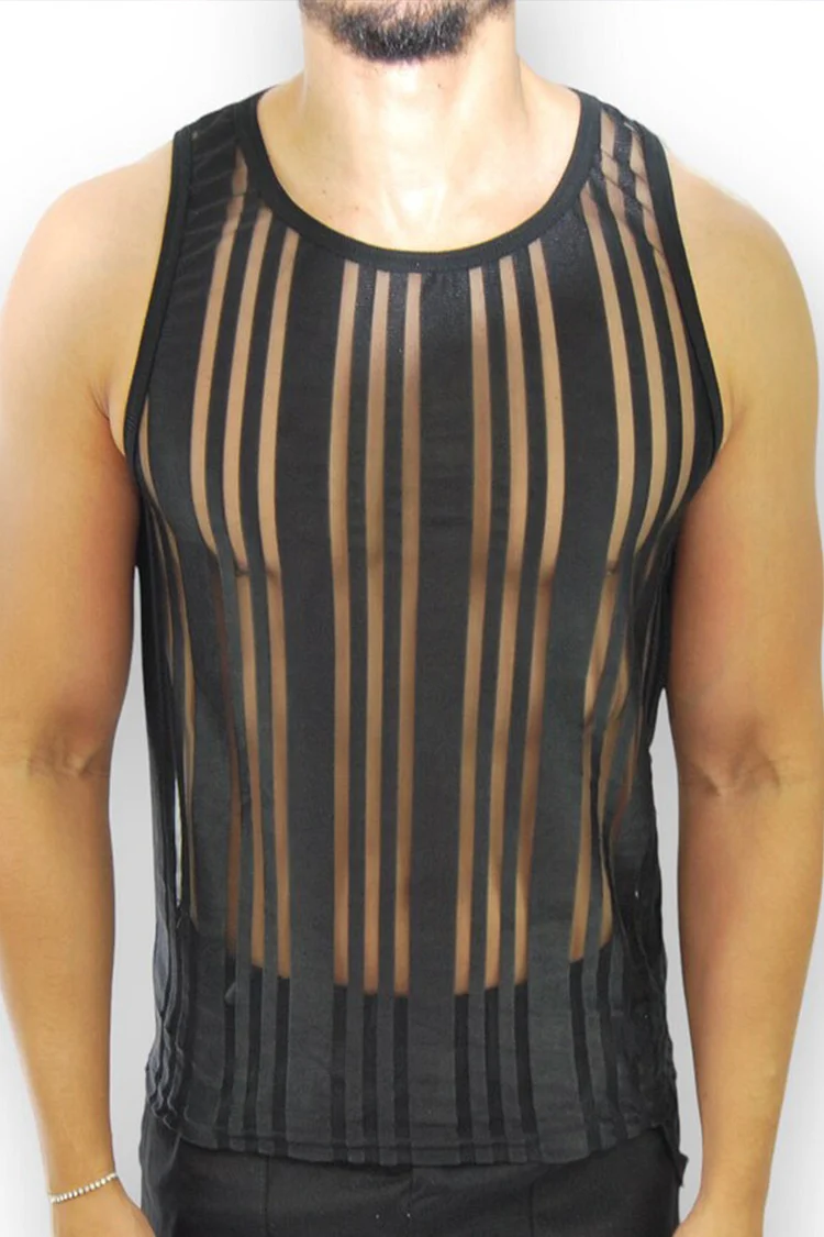 Ciciful Mesh See Through Striped Casual Sleeveless Tank Top