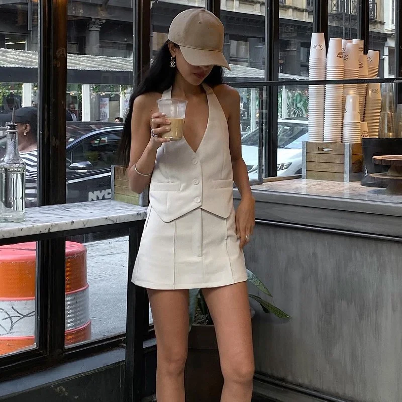 Uveng Uveng Women's Summer 2023 New Sexy Little West Fake Pocket Hanging Neck Vest Fashion A-Line Skirt Suit Female
