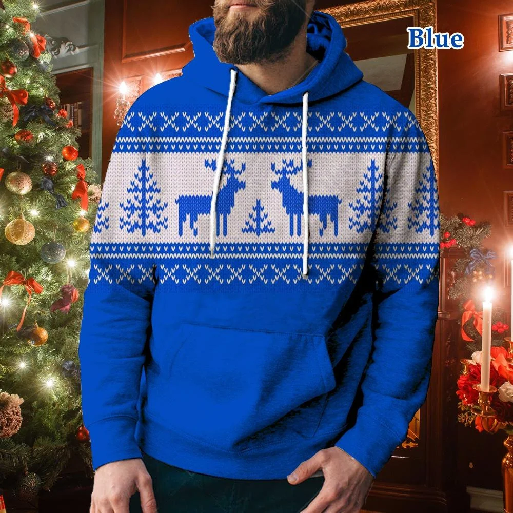 Men's Casual Sports Christmas Reindeer Series 3D Digital Printed Hooded Pullover