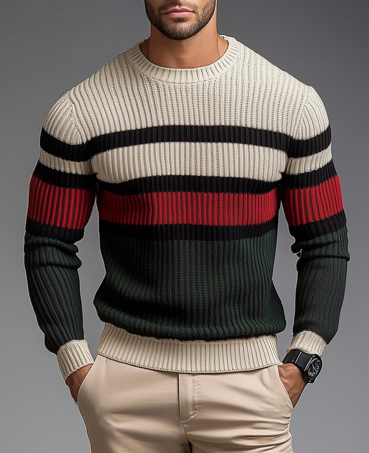 Okaywear Striped Color Blocks Knit Long Sleeve Sweater