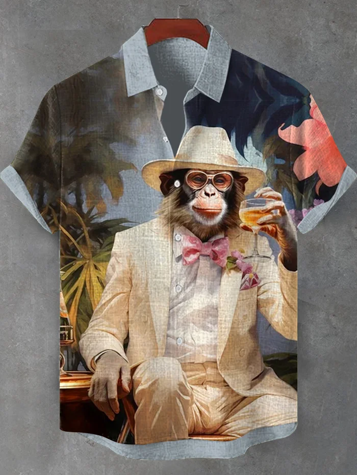 Men's Vacation Monkey Gentleman Drinking Art Print Shirt