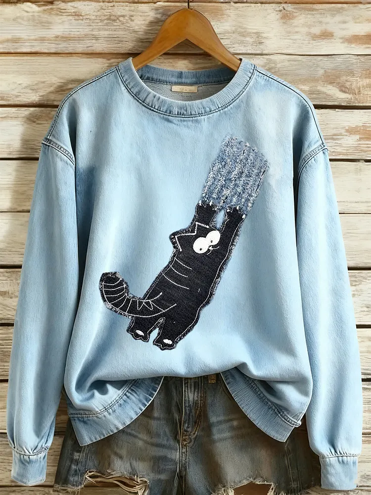 Women's Denim Animal Print Round Neck Long Sleeved Sweater