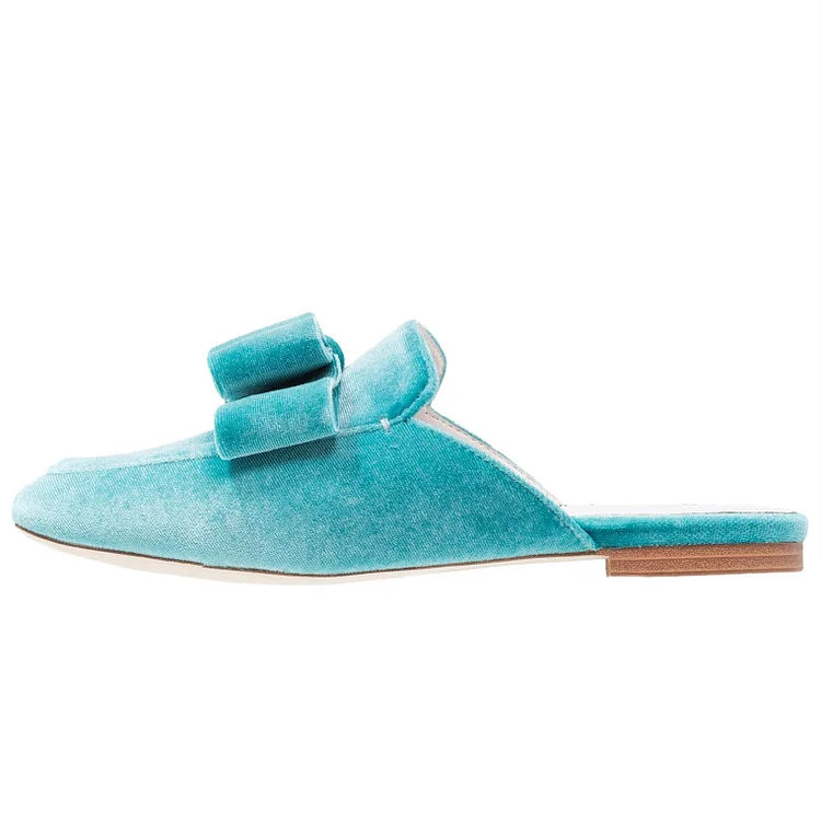 Blue Velvet Flats Mule Bow Square Toe Loafers for Women |FSJ Shoes