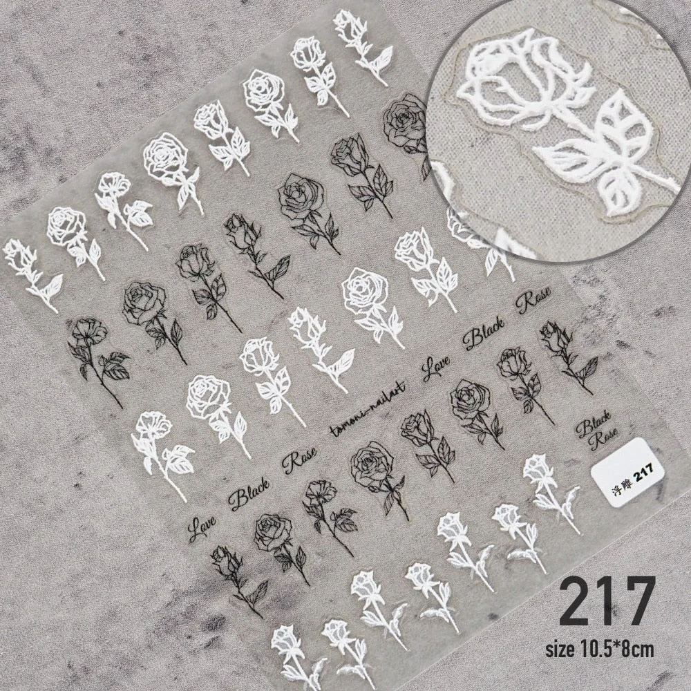 3D Engraved Nail Art Stickers Black and white Leaf Flower high quality Water Decals Embossed Pattern Nail Water Slide Decals