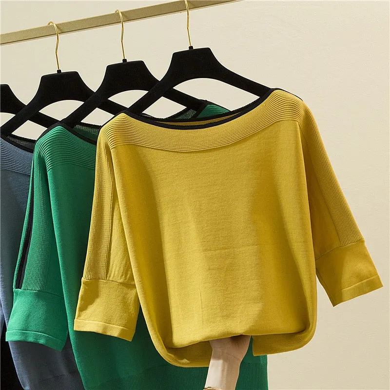 Summer Fashion Women Tops Knitted Solid Tshirt Ice Silk Pullover Short Sleeve Loose Thin Tops Women's Clothing New Clothes 14425