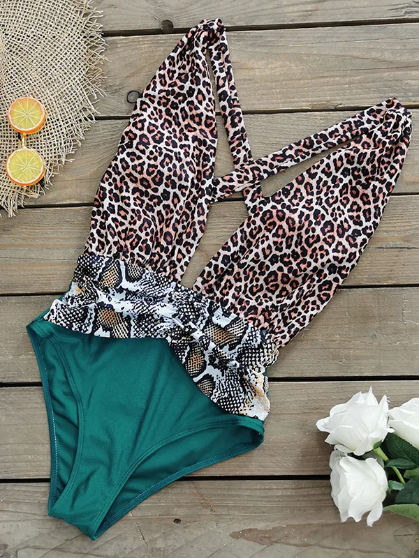 Padded Backless Hollow Leopard&Snakeskin One-Piece Swimwear