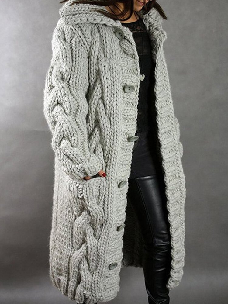 Women Solid Color Knitted Button Hooded Casual Cardigan With Pocket - Shop Trendy Women's Fashion | TeeYours