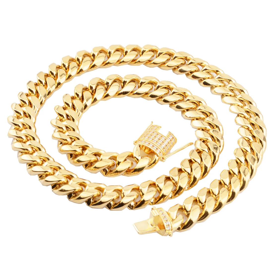 Mens Miami Cuban Link Chain 18K Gold 8-18mm Titanium Stainless Steel Curb Necklace with cz Diamond Chain Choker