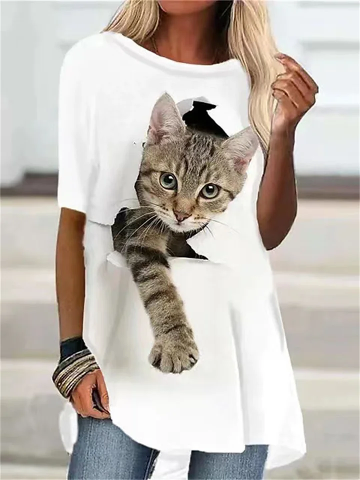 Cat Print Short-sleeved T-shirt Women's Casual Outer Wear Ladies T-shirt Black White | 168DEAL