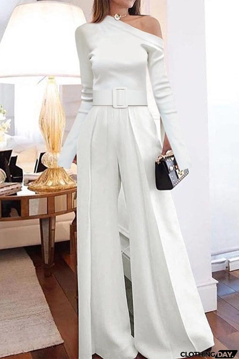 Sexy Street Solid With Belt Oblique Collar Regular Jumpsuits