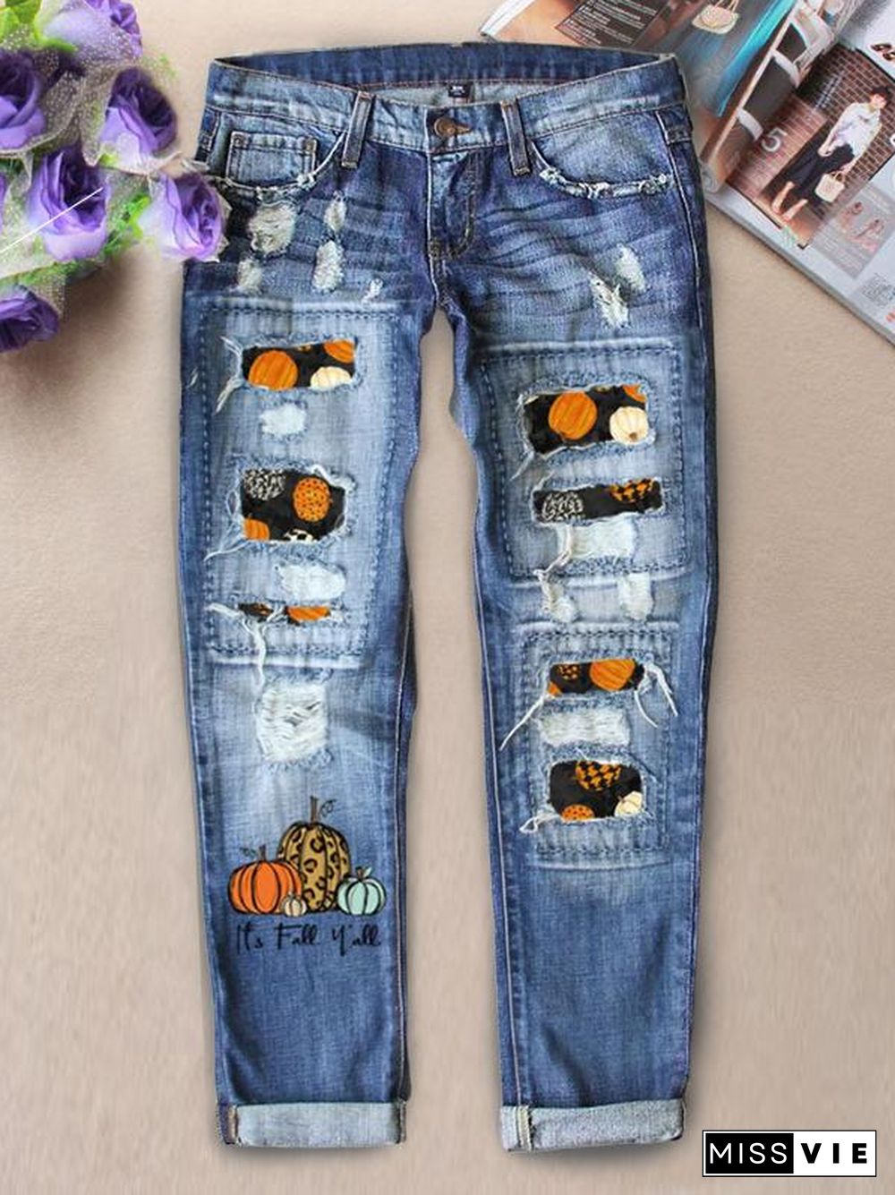Pumpkin Its Fall Yall Slogan Ripped Pants