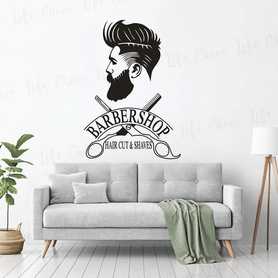 Barber Shop Window Decal Hipster Man Wall Sticker Hair Salon Scissors Murals Shave And Haircut Logo Wall Window Poster AZ762