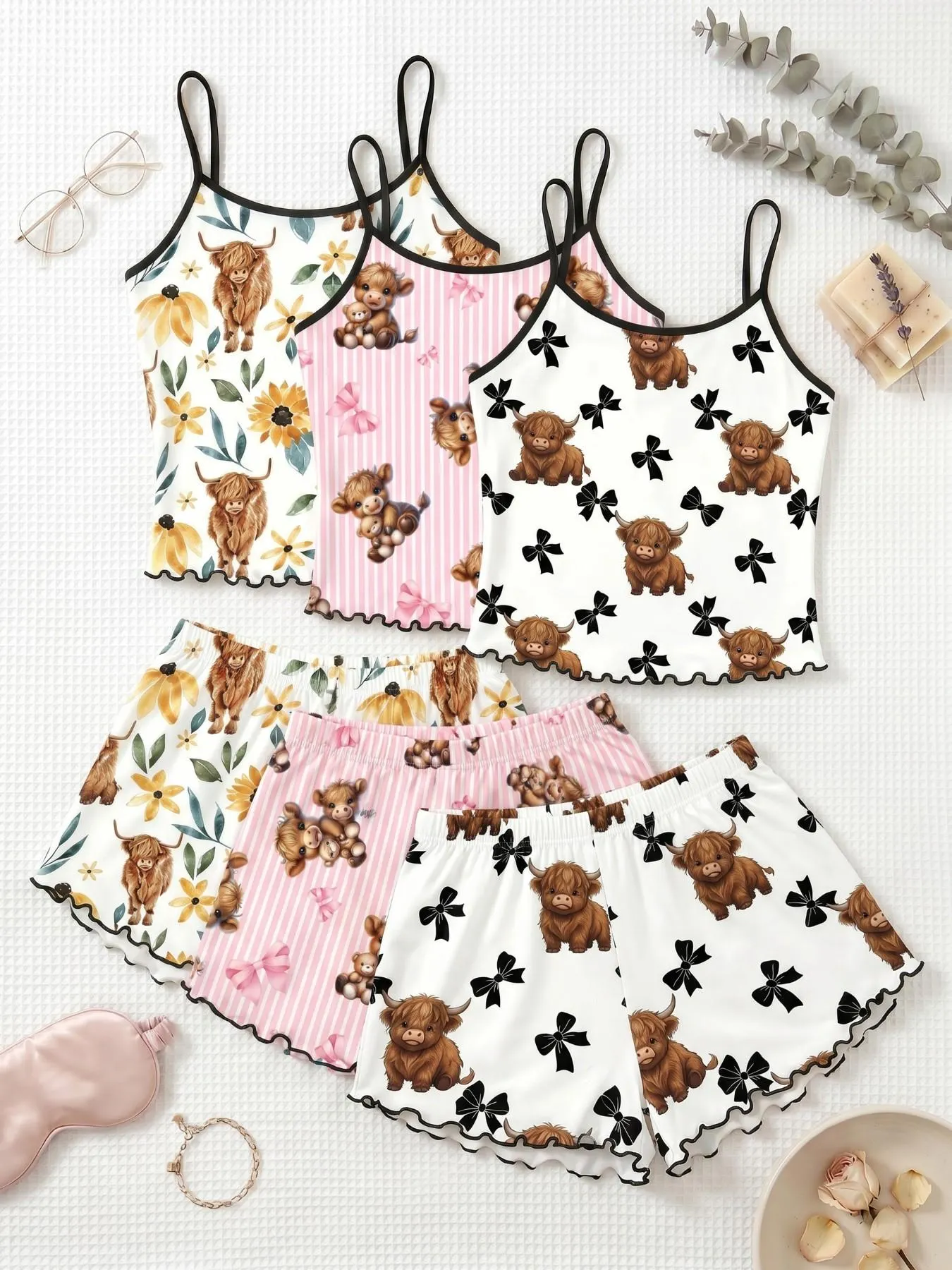 Cherry Print Halter Short Pajamas, Ruffle Trim Design, Sweet Girl Style, Breathable Home Sleepwear, 3-Piece Set Cherry Print Halter Short Pajamas, Ruffle Trim Design, Sweet Girl Style, Breathable Home Sleepwear, 3-Piece Set