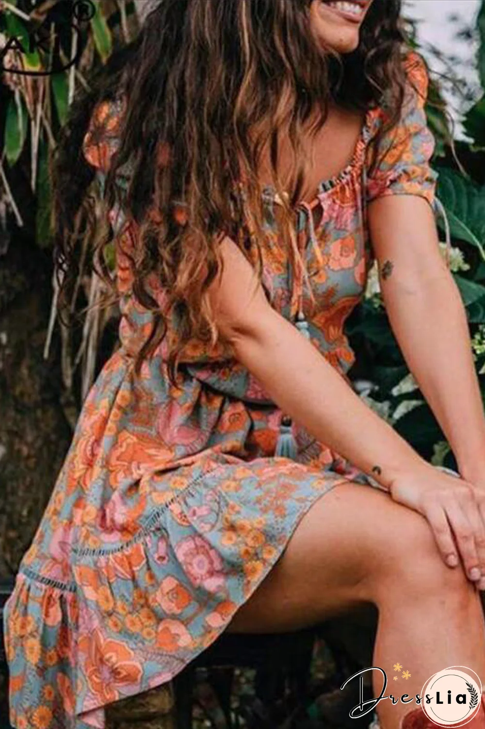 Casual Print Patchwork V Neck Cake Skirt Dresses