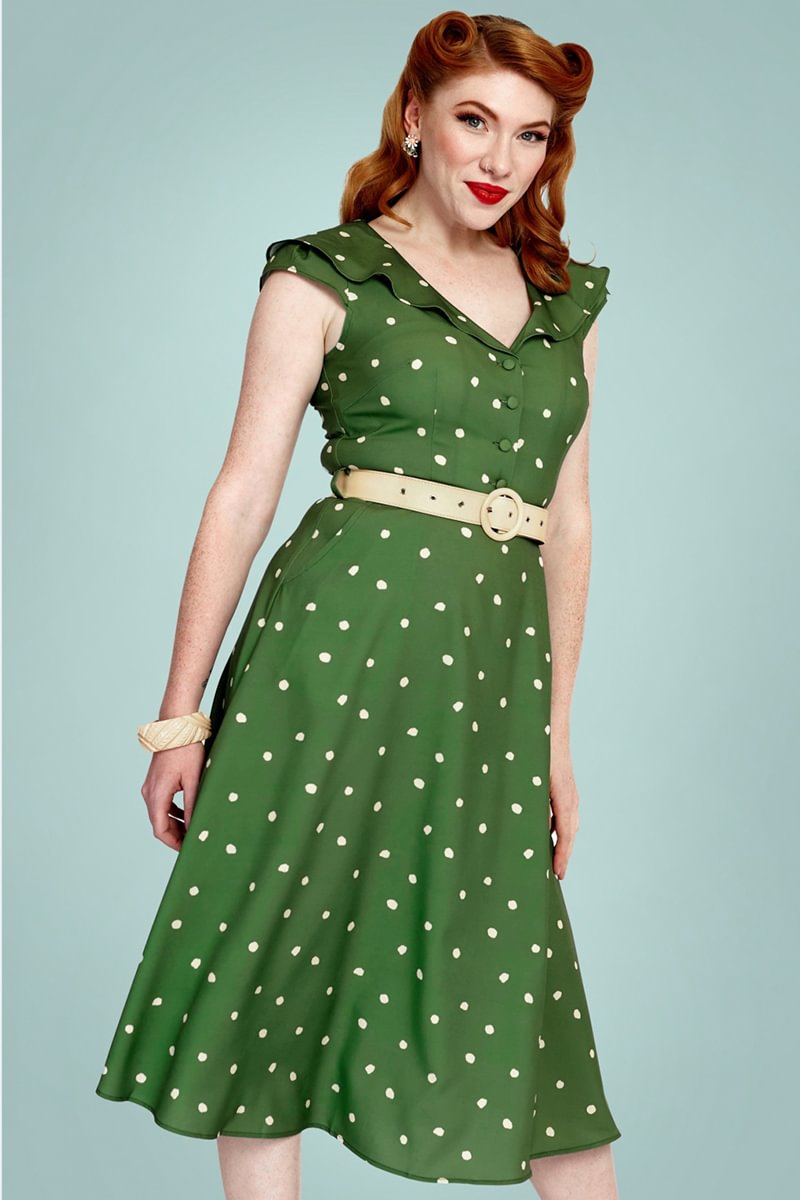 1950s Green Casual Polka Dot Doll Collar V Neck A-line Midi Dress (With Belt) [Pre-Order]