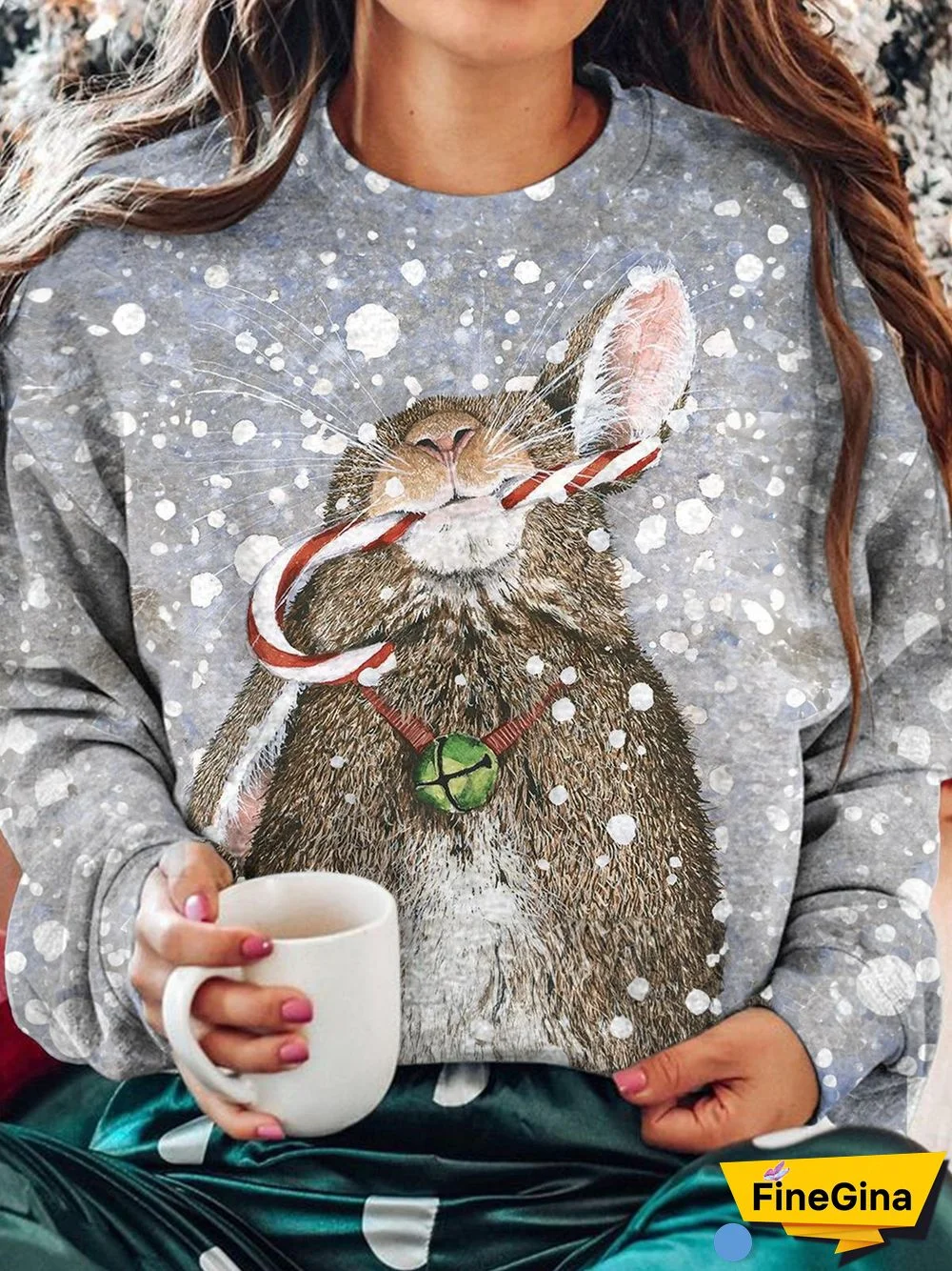 Women's Winter Christmas Bunny Print Top
