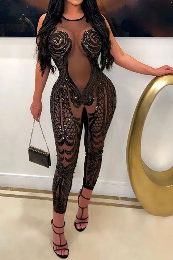 Tribal Pattern Sequined Stylish See-Through Jumpsuit