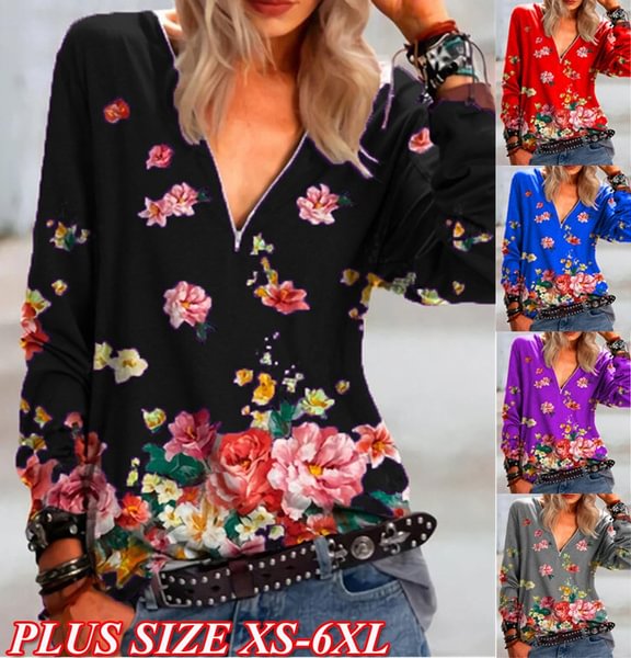 XS-6XL NEW Spring And Autunmn Clothes Women's Fashion Casual V-neck Zipper Long Sleeve T-shirt Floral Printing Cotton Tops Pullover Loose Blouse Ladies Plus Size shirts - BlackFridayBuys