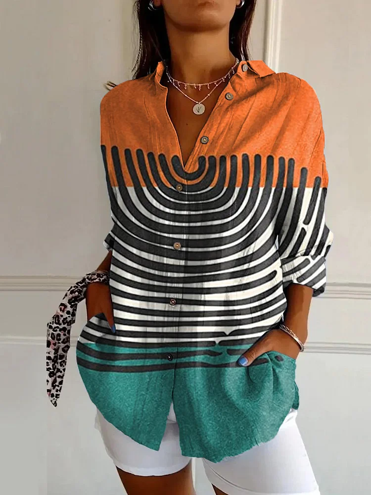 Retro Abstract Art Print Casual Long Sleeve Shirt