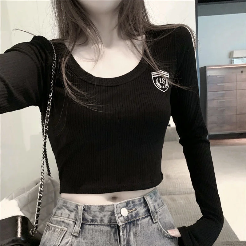 Woman Sweaters Women&#39;s Long Sleeve Short White Color Inner Wear Slim Round Neck Tight Black Sexy Navel Early Spring Top