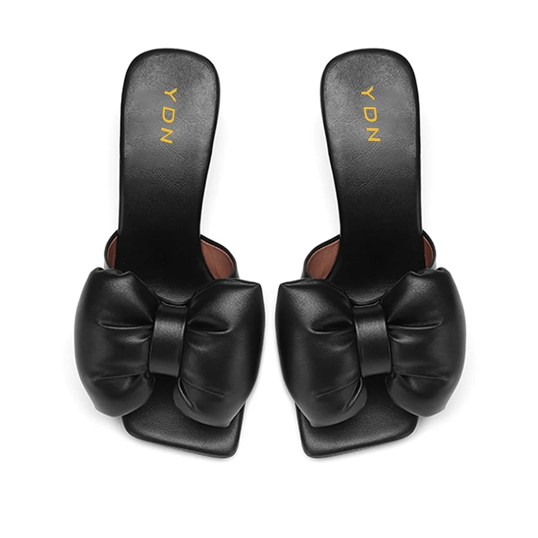 Black Vegan Leather Padded Bow Wide Band Mules with Decorative Heels