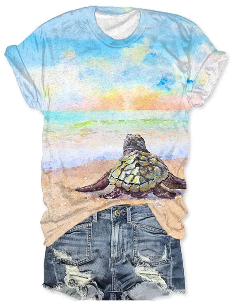 Sea Turtle Beautiful Beach Print T-Shirt